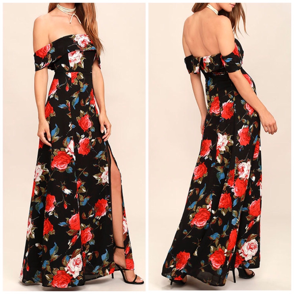 Lulu’s Holiday BLACK FLORAL OFF-THE-SHOULDER MAXI